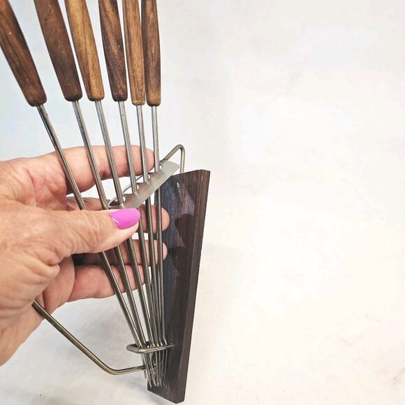 Mid-century Fondue Skewers Forks With Holder wood Handles & Base Retro Japan MCM - Picture 8 of 10